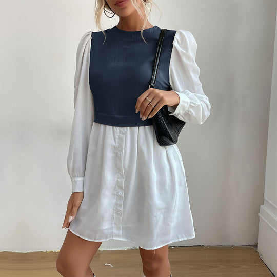 Damen Hemdblusenkleid mit eingesetzter kurzgeschnittener Weste, Puffärmeln und taillierter Silhouette Shop Nory