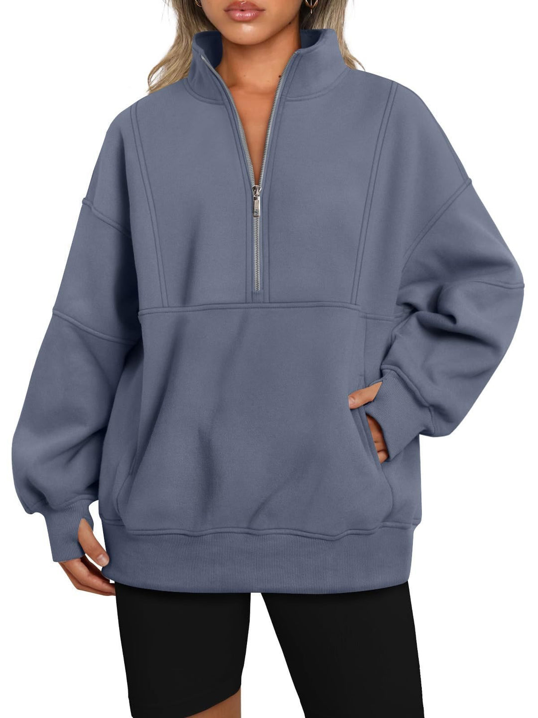 Damen Oversize-Sweatshirt mit halbem Reißverschluss, Stehkragen und Kängurutasche Shop Nory