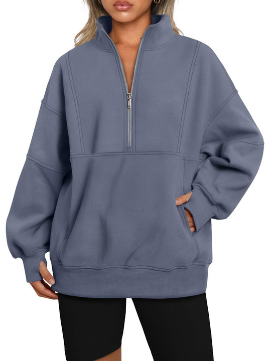 Damen Oversize-Sweatshirt mit halbem Reißverschluss, Stehkragen und Kängurutasche Shop Nory