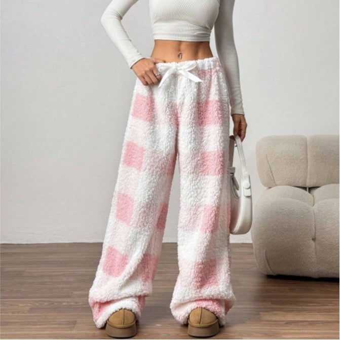 Damen nan kuschelige karierte Fleece-Hose mit Tunnelzugbund und weitem Bein Shop Nory