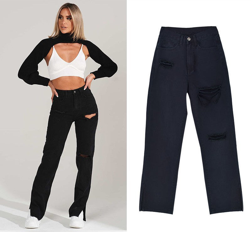 Damen lässige Ripped Jeans mit hoher Taille und modernen Fransen