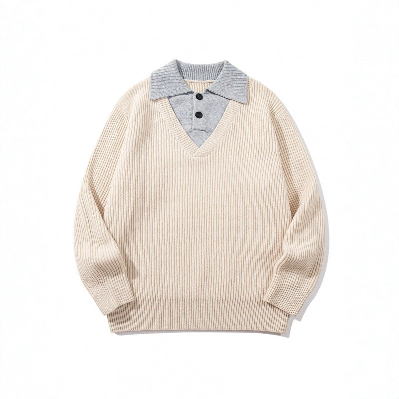 Unisex Grobstrick-Kastenpullover mit V-Ausschnitt und kontrastierendem Polo-Knopfkragen Shop Nory