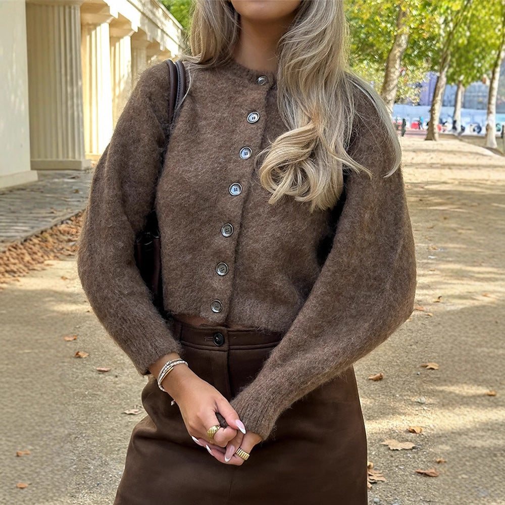 Damen Flauschiger Cropped-Cardigan aus Mohair-Mix mit Perlmuttknopfleiste Shop Nory