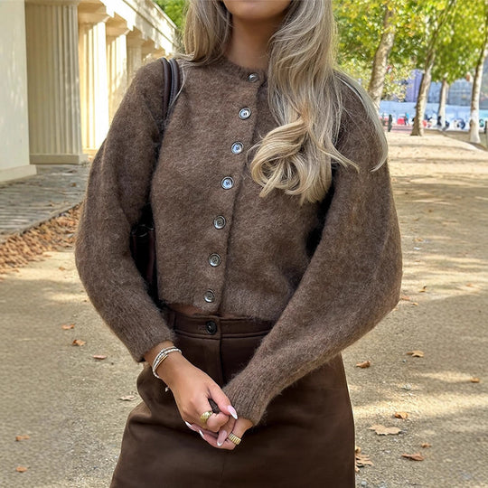 Damen Flauschiger Cropped-Cardigan aus Mohair-Mix mit Perlmuttknopfleiste Shop Nory