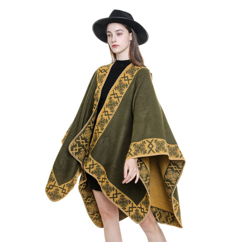 Damen Oversize-Umhangponcho aus Wollmix mit gewebter Bordüren-Jacquard und Zierkettelnaht Shop Nory