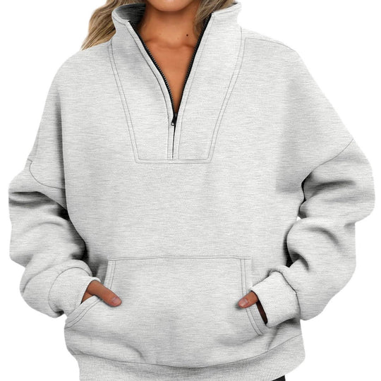 Damen nan oversized Halbzip-Hoodie mit hohem Stehkragen, Kängurutasche und gerippten Bündchen Shop Nory