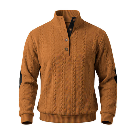 Herren Troyer-Pullover mit Zopfmuster, Ellbogen‑Patches und kontrastierter Knopfleiste Shop Nory