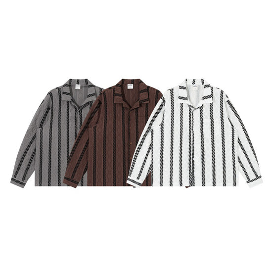 Unisex Leichte Hemdjacke mit Camp-Kragen, Relaxed‑Fit und vertikalem Zopfstreifenmuster Shop Nory