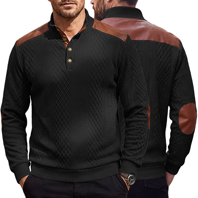 Herren Pullover mit Stehkragen, Zopfmuster und kontrastierenden Lederbesätzen Shop Nory