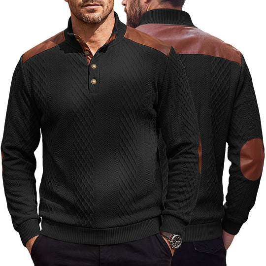 Herren Pullover mit Stehkragen, Zopfmuster und kontrastierenden Lederbesätzen Shop Nory