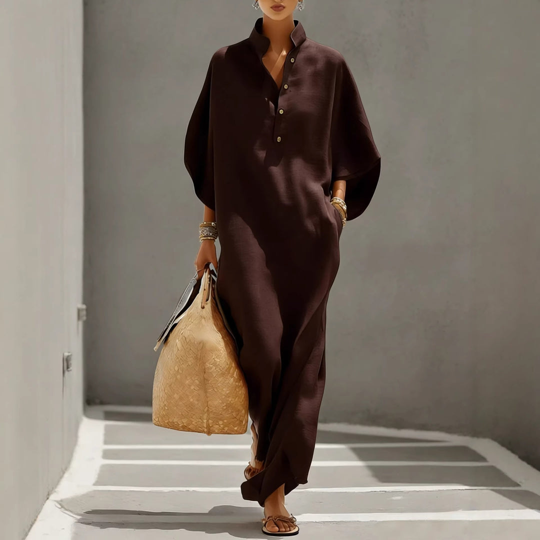 Damen Weites Kaftan-Midikleid mit Stehkragen und 3-Knopf-Blende Shop Nory