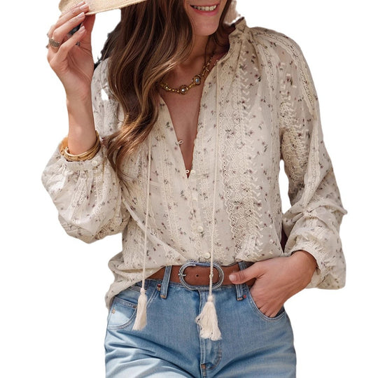 Damen Boho-Spitzenbluse mit Stickerei, V-Ausschnitt, Quasten & Ballonärmeln Shop Nory