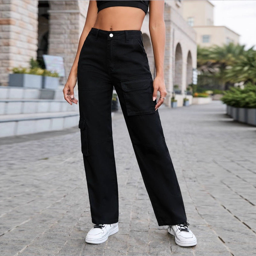 Damen Hochtaillierte utilitaristische Cargo-Hose mit geradem Bein und Mehrfachtaschen Shop Nory