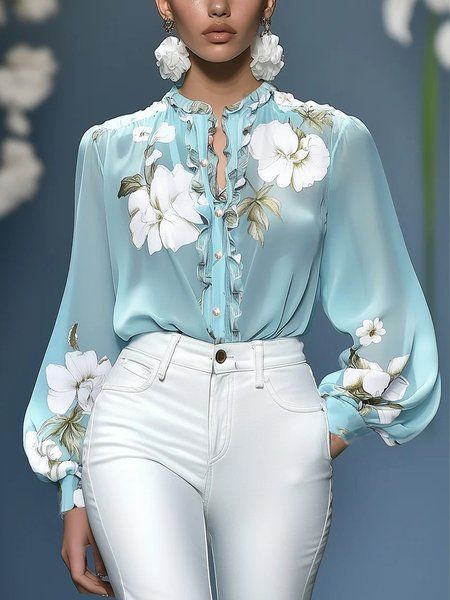 Damen Seidenbluse mit Rüschenblende und floraler Applikation Shop Nory