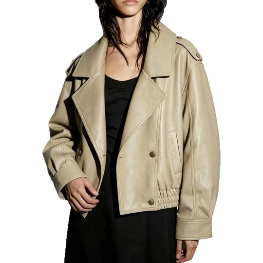 Damen Oversize Lederimitat-Blouson mit doppelreihiger Knopfleiste, weitem Revers und elastischem Saum Shop Nory