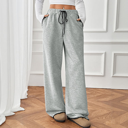 Damen Relaxte Lounge-Jogginghose mit weitem Bein, elastischem Bund, Kordelzug und Zierkante Shop Nory