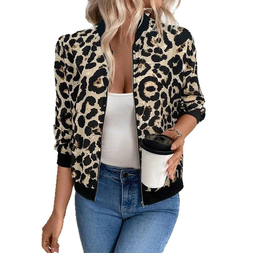 Damen Leichte Leoparden-Bomberjacke mit durchgehendem Reißverschluss und Rippbündchen Shop Nory