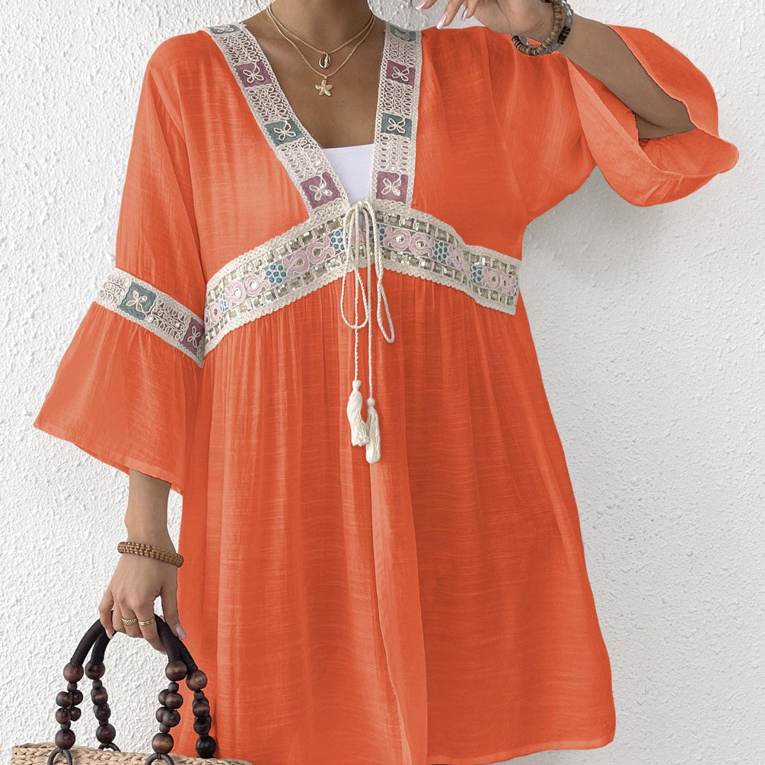 Damen luftiger Strandkimono mit floralen Stickereien