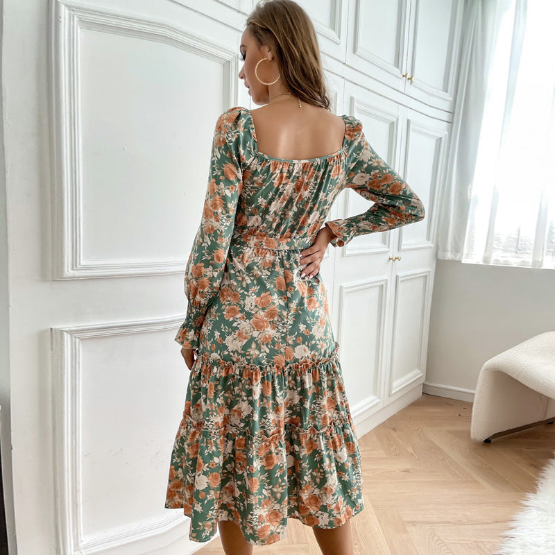 Damen Midikleid mit quadratischem Ausschnitt, Stufenrock, Puffärmmel und Taillengürtel Shop Nory