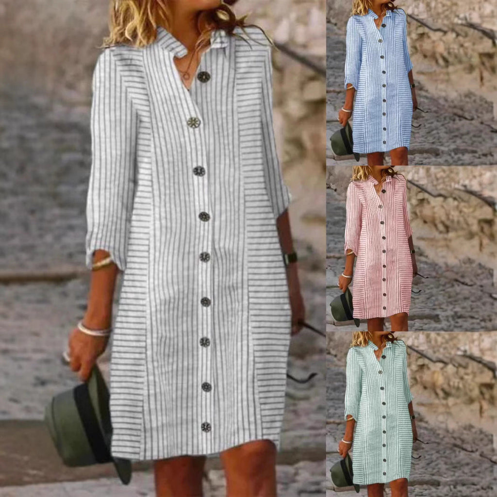Damen gestreiftes Hemdkleid mit Knopfleiste und 3/4-Ärmeln Shopnory