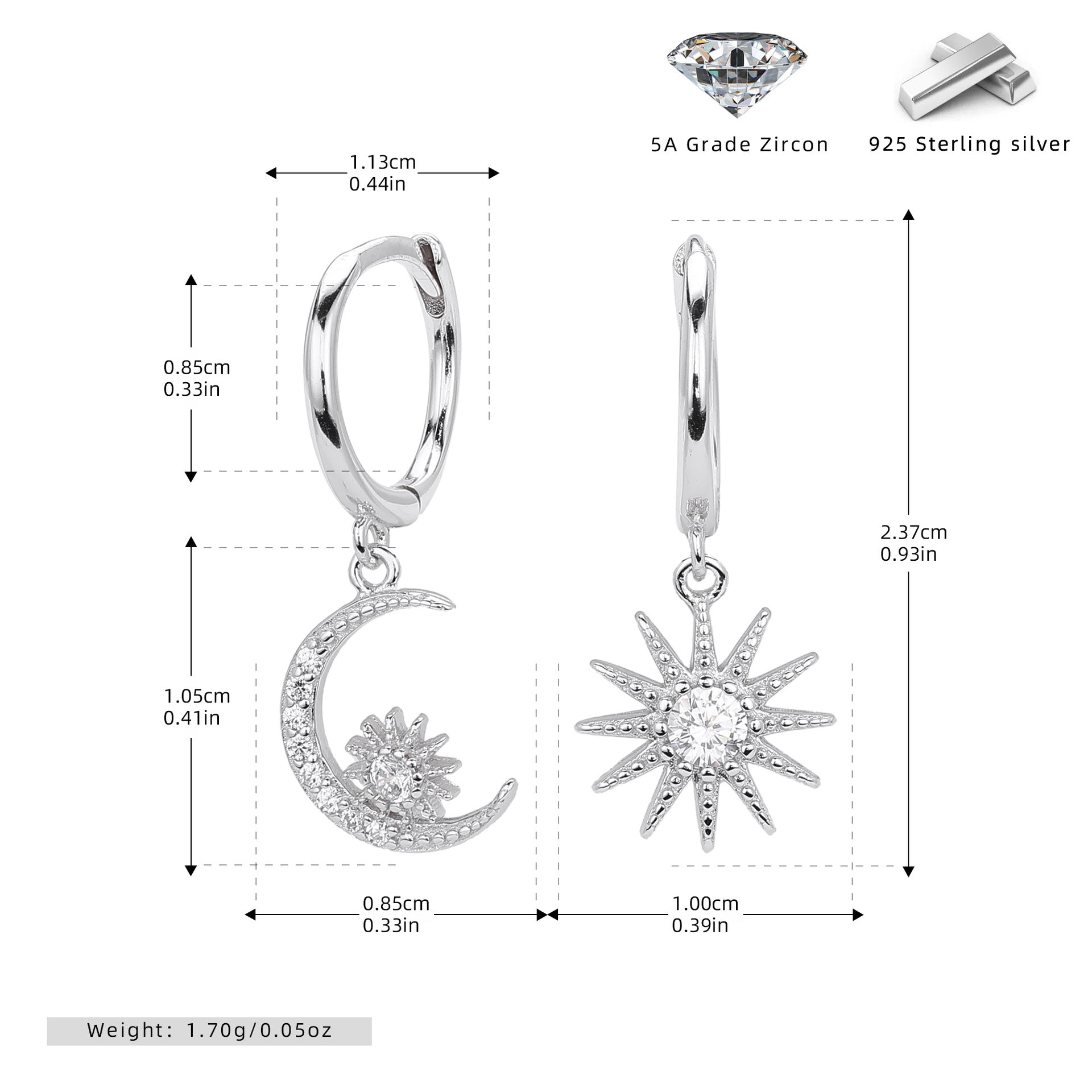 Damen Ohrhänger im stilvollen Mond- und Sonnenmotiv aus 925er Sterling Silber Shop Nory