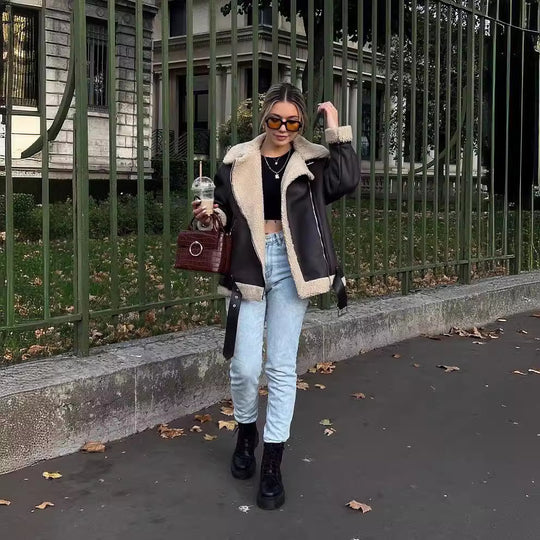 Damen Gefütterte Fliegerjacke im Aviator‑Stil mit Teddyfutter und Reißverschluss Shop Nory
