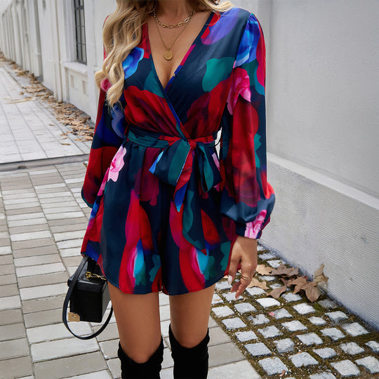 Damen nan Wickelmini-Kleid mit V-Ausschnitt, tailliertem Bindegürtel und ballonärmeln Shop Nory