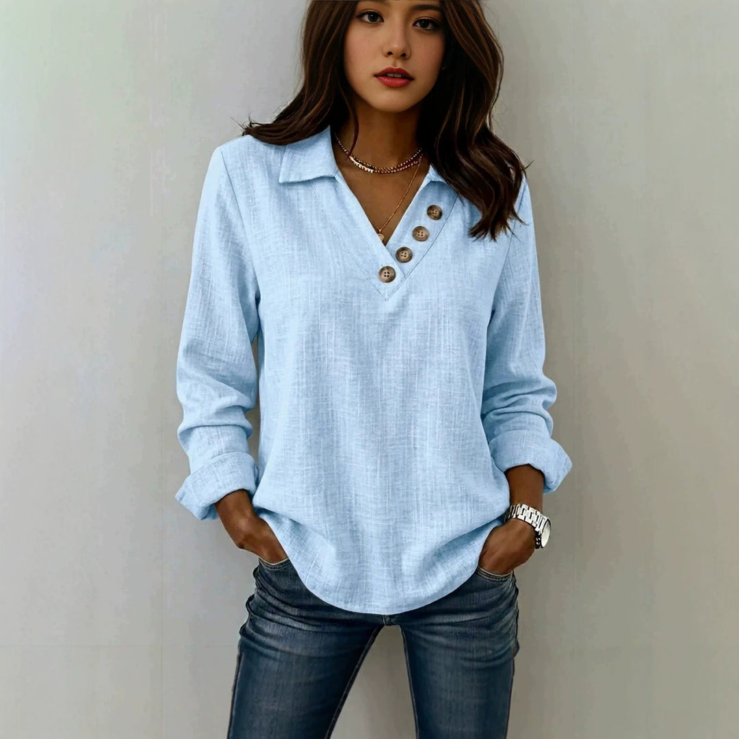 Damen Lässiges V-Ausschnitt-Blusenshirt mit Hemdkragen und asymmetrischer Zierknopfleiste Shop Nory
