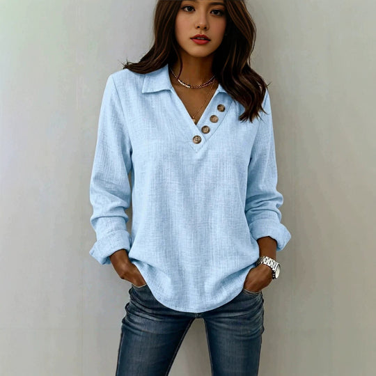 Damen Lässiges V-Ausschnitt-Blusenshirt mit Hemdkragen und asymmetrischer Zierknopfleiste Shop Nory
