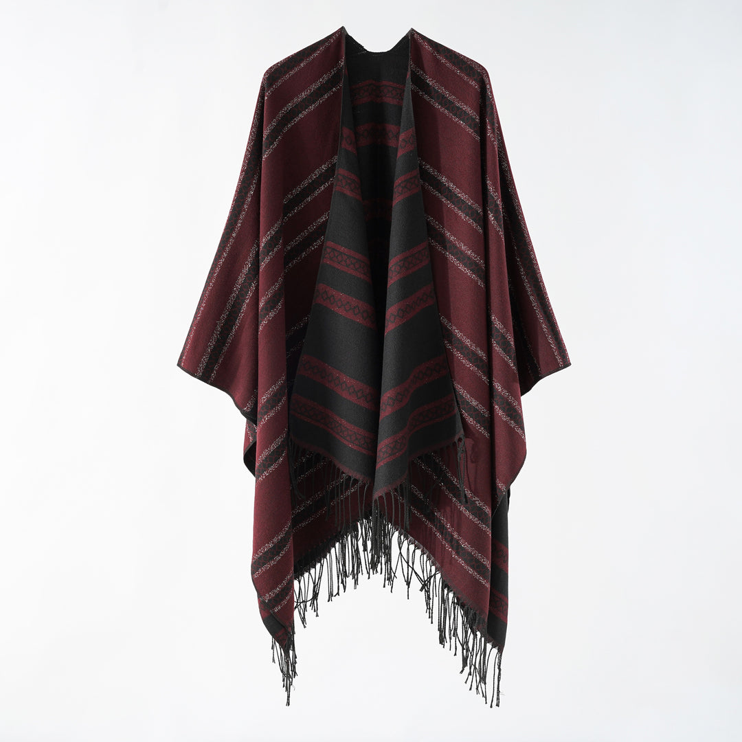 Damen Langer Webponcho im Cape-Stil mit Streifen-Jacquard und Fransen Shop Nory