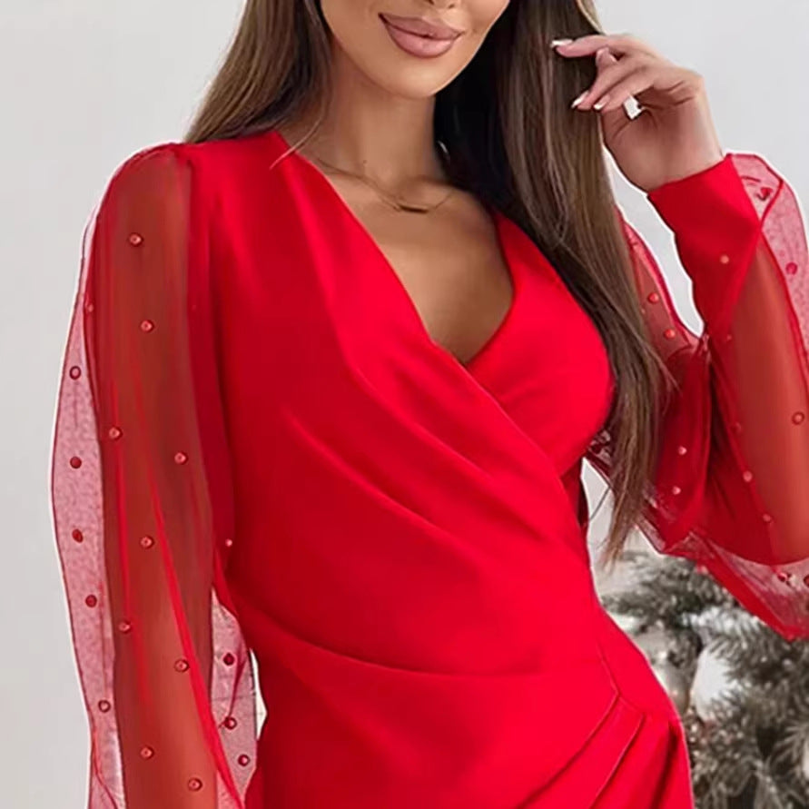 Damen Wickelkleid mit eleganten transparenten Ärmeln und schimmerndem Detail