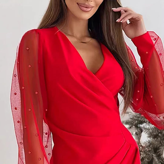 Damen Wickelkleid mit eleganten transparenten Ärmeln und schimmerndem Detail