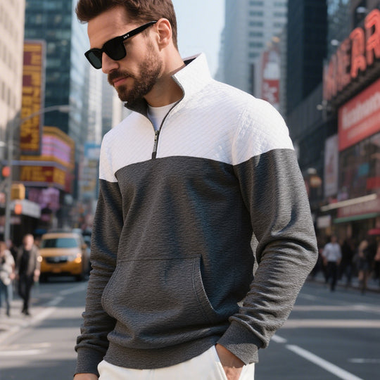 Herren Colorblock-Halbzip-Sweatshirt mit gesteppter Brustpartie, Kängurutasche und elastischen Bündchen Shop Nory