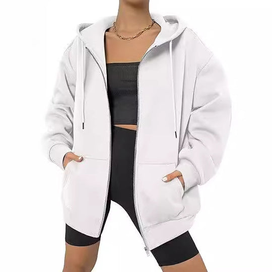 Damen nan oversized Zip-Kapuzenjacke mit kontrastierendem Reißverschluss, doppellagiger Kapuze und Kängurutasche Shop Nory