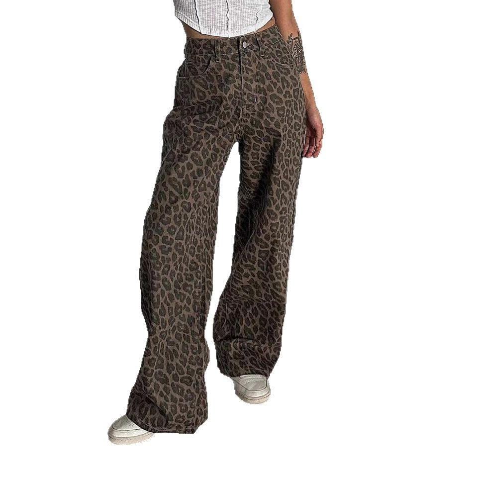Damen Weit geschnittene Leoparden-Jeans im lässigen Stil