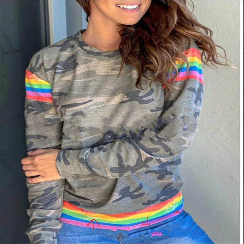 Damen Camouflage Sweatshirt mit kontrastierenden Streifen und Rundhalsausschnitt Shop Nory