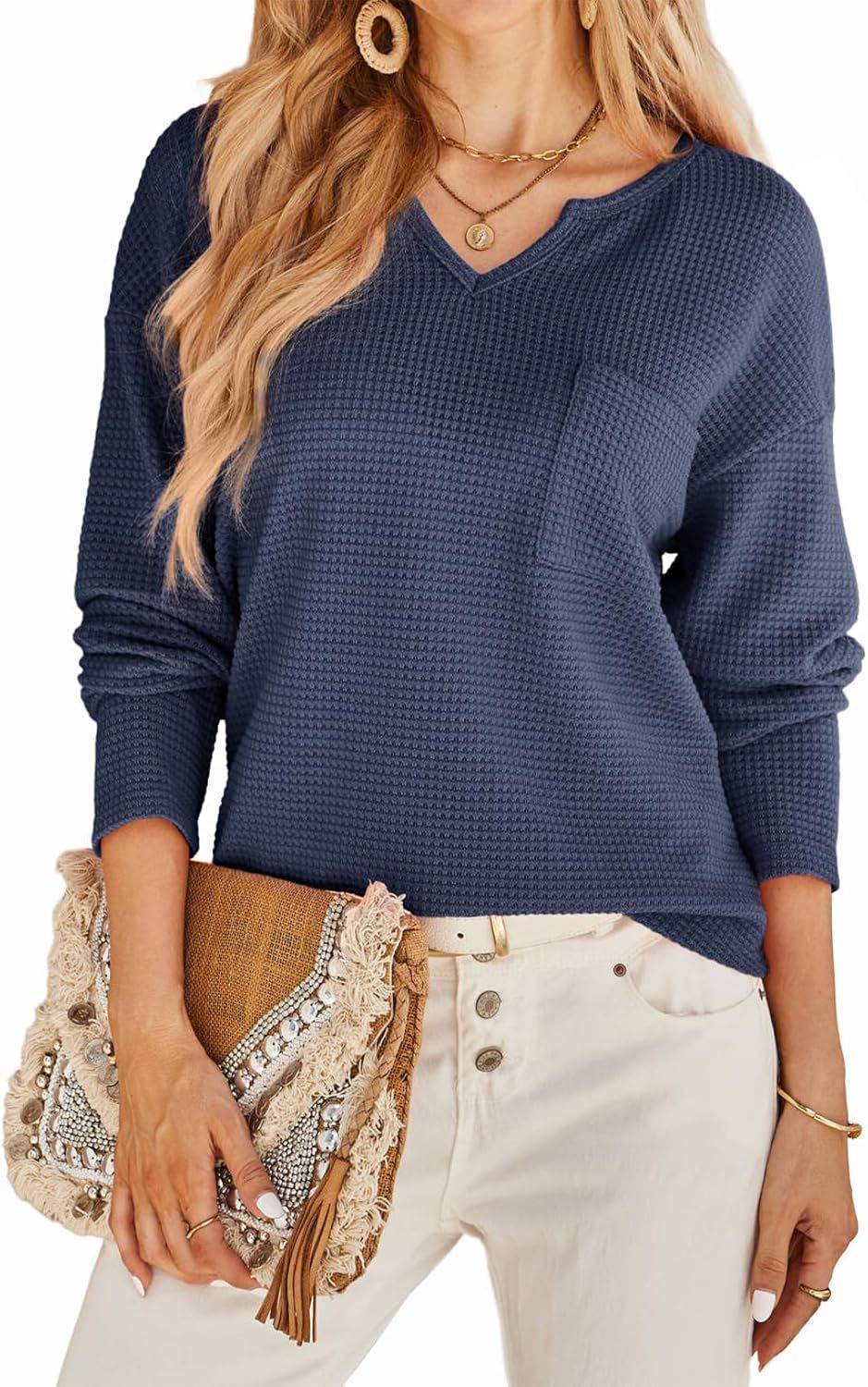 Damen Waffel-Strickpullover mit V-Ausschnitt, Brusttasche und lässiger Passform Shop Nory