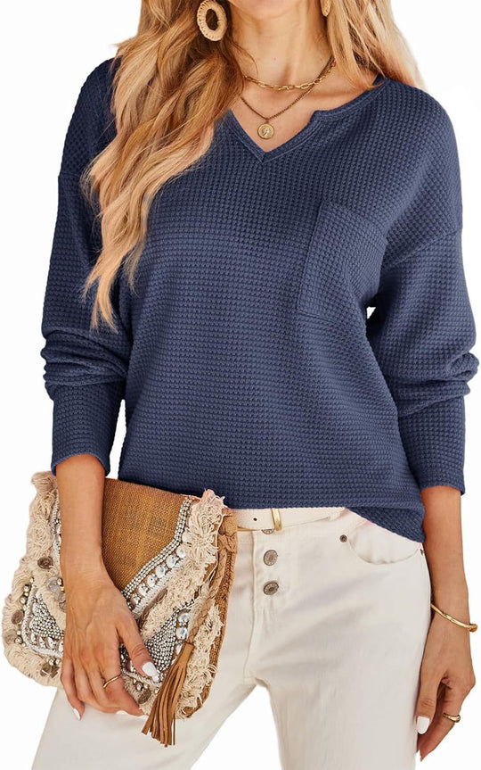 Damen Waffel-Strickpullover mit V-Ausschnitt, Brusttasche und lässiger Passform Shop Nory