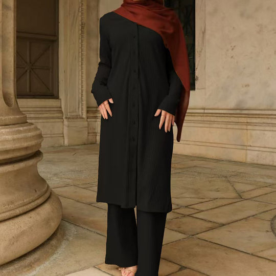 Damen Modestisches Knopf-Tunika-Set mit gerader Silhouette, langen Ärmeln und weitem Palazzo-Hosenbein Shop Nory