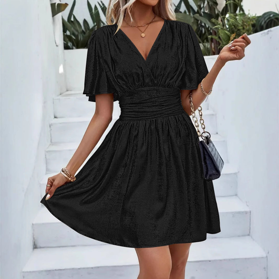 Damen glamouröses Minikleid mit schimmerndem V-Ausschnitt und voluminösen Ärmeln