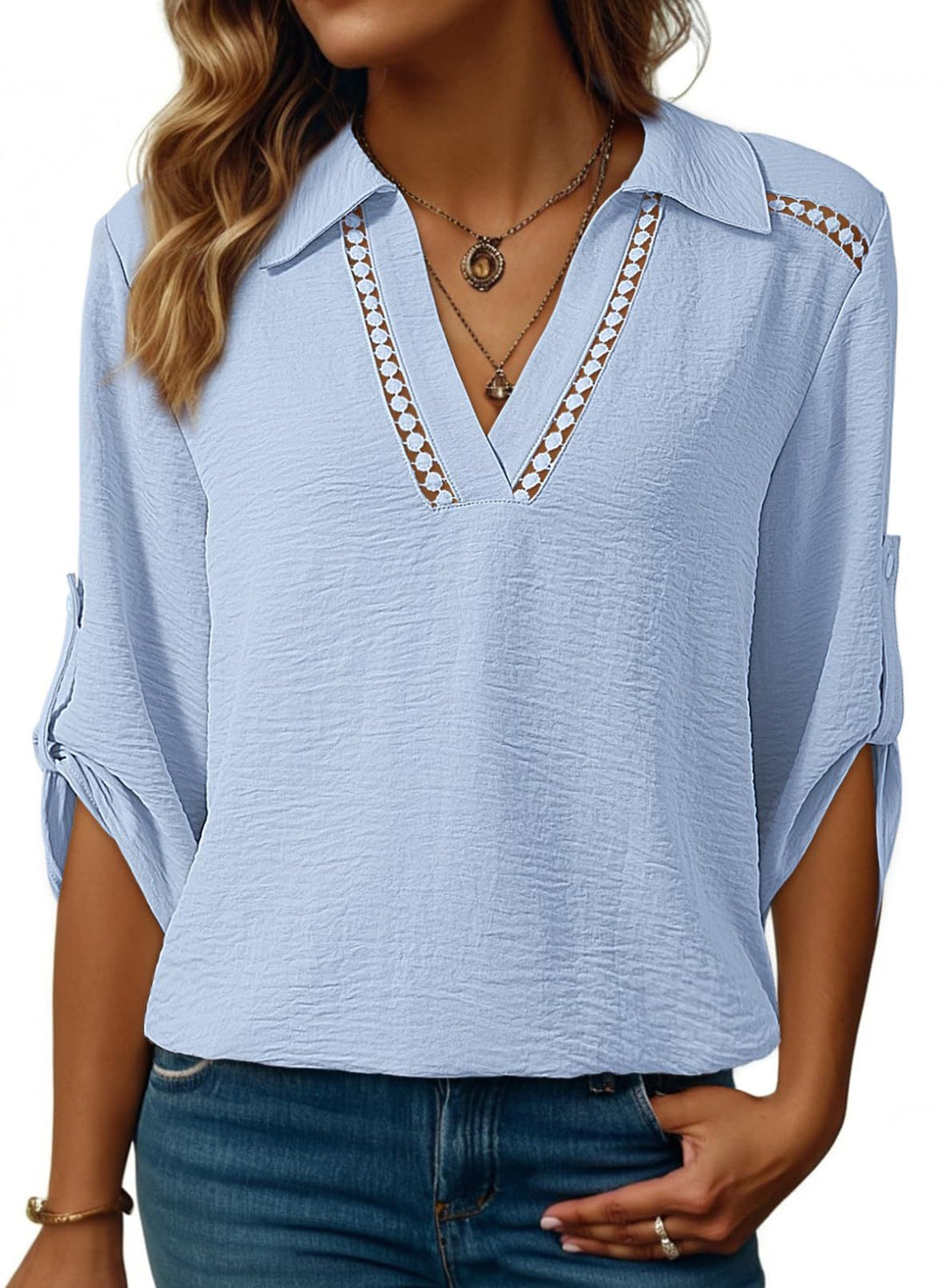 Damen Bluse mit V-Ausschnitt, gehäkelter Spitzenpasse und krempelbaren Dreiviertelärmeln Shop Nory