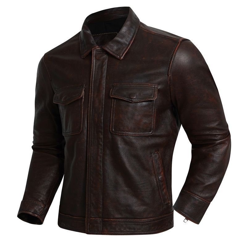 Herren Lederjacke im Worker-Stil mit Brusttaschen und durchgehendem Reißverschluss Shop Nory