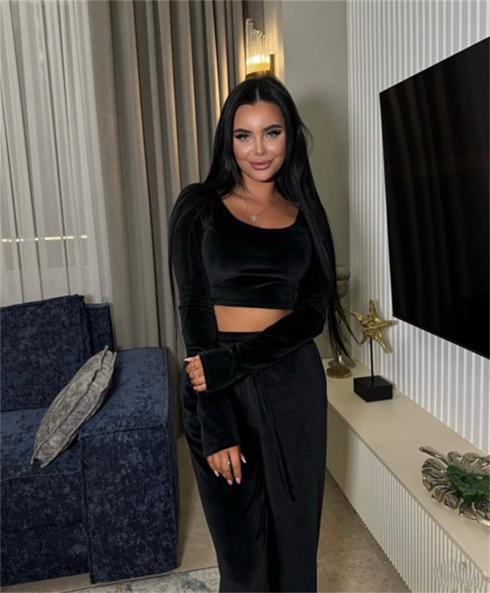 Damen modernes Cropped Lounge-Set mit langem Arm und elastischer Bundhose Shop Nory