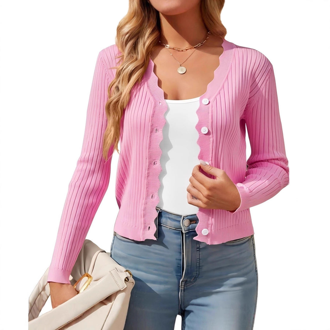 Damen Feiner Rippstrick Cropped-Cardigan mit Wellensaum und dekorativer Knopfleiste Shop Nory