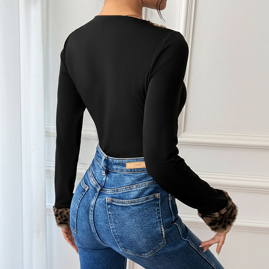 Damen Taillierter Longsleeve-Body mit Leoparden-Kragen und Kunstfellmanschetten Shop Nory