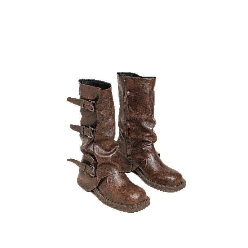 Damen Bikerstiefel mit mehrfachen Zierschnallen, gerafftem Schaft und robuster Profilsohle Shop Nory