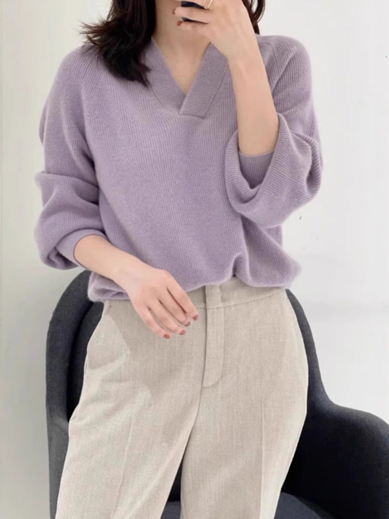 Damen Lockerer V‑Ausschnitt-Pullover aus feinem Rippenstrick mit überschnittener Schulter Shop Nory