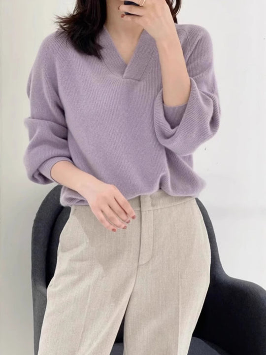 Damen Lockerer V‑Ausschnitt-Pullover aus feinem Rippenstrick mit überschnittener Schulter Shop Nory