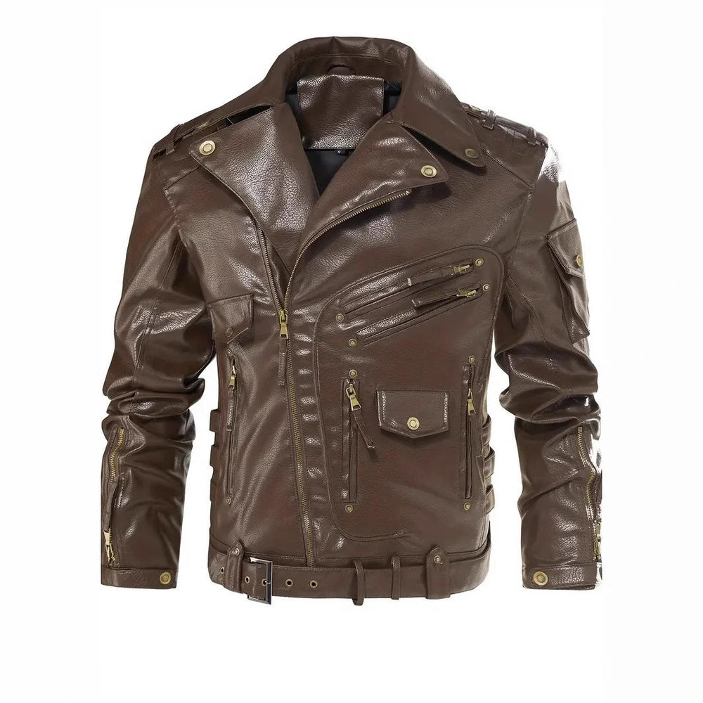 Herren Stylische Bikerjacke mit Mehreren Reißverschlusstaschen und Gürteldetail