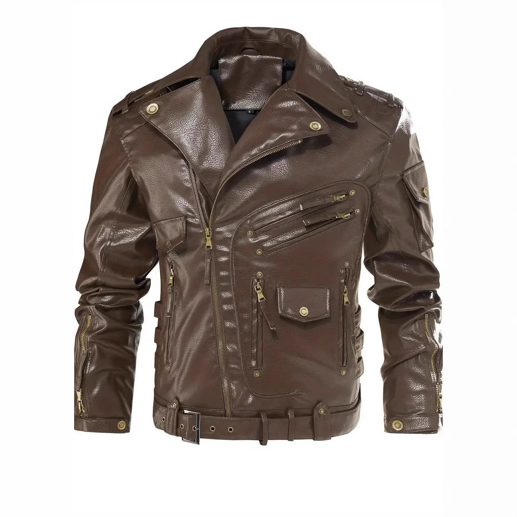 Herren Stylische Bikerjacke mit Mehreren Reißverschlusstaschen und Gürteldetail